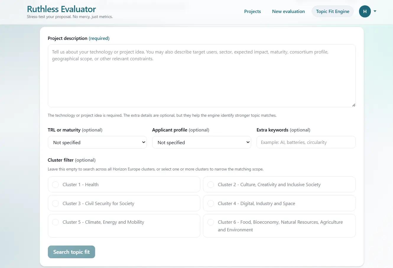 Topic Fit Engine - EU funding proposal evaluation context