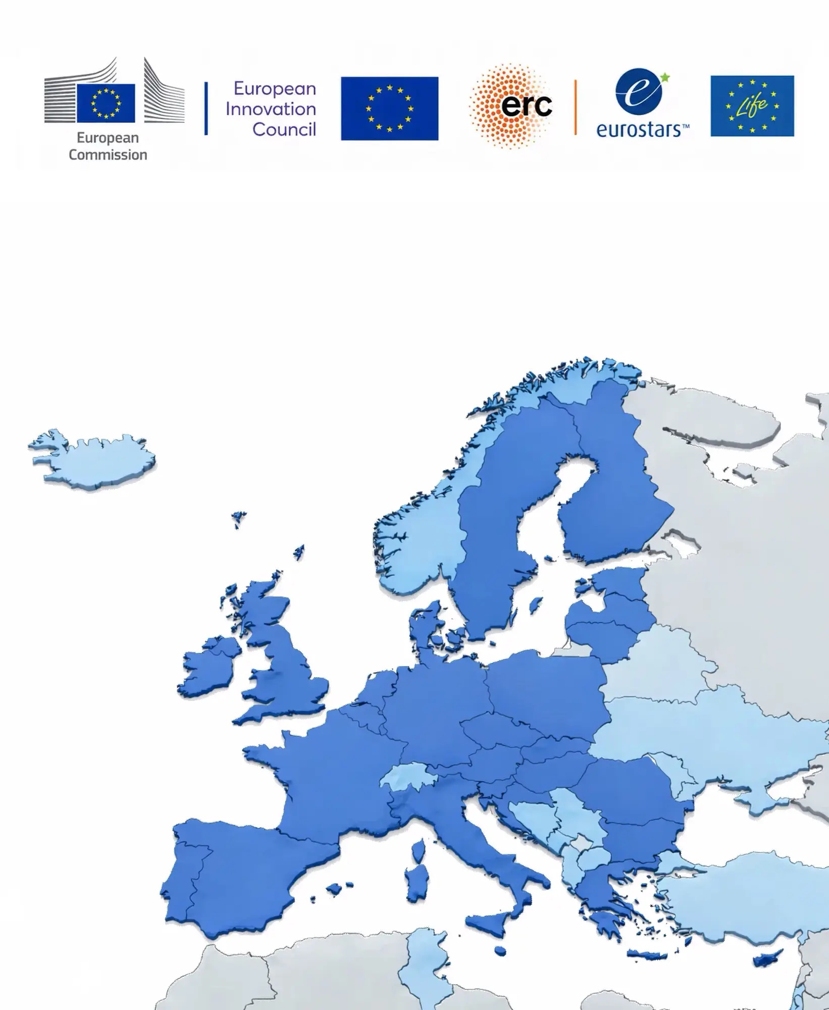 Map of Europe with European Commission, EIC, ERC, Eurostars and LIFE programme coverage